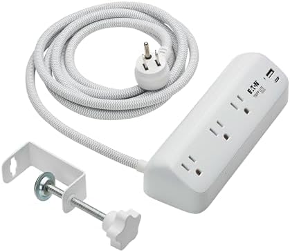 Eaton Tripp Lite Series Desk Clamp Power Strip Surge Protector, 3-Outlets, USB-A & USB-C Charging Ports, 900 Joules, 8ft Braided Flat Extension Cord, Lifetime Manufacturer's Warranty (TLP308U20CLAMP)