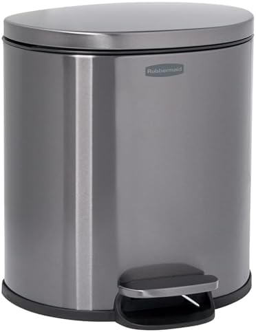 Rubbermaid Stainless Steel Semi-Round Step-On Trash Can, 1.6-Gallon, Charcoal, Small Wastebasket with Lid for Home/Kitchen/Bathroom/Office
