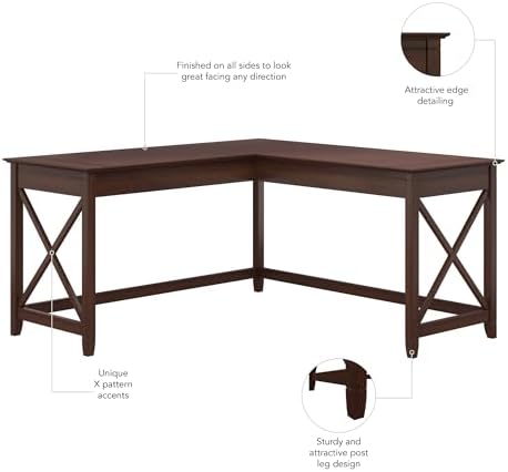 Bush Home Key West 60W Modern Farmhouse L Shaped Desk in Bing Cherry, 60-Inch Corner Computer Table for Home Office Workspace