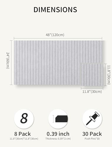 48" x 24" Cork Board Alternative, 8 Pack Felt Bulletin Board Tiles with 30 Adhesive Tabs Wall Push Pin Board for Office Classroom Bedroom Decor