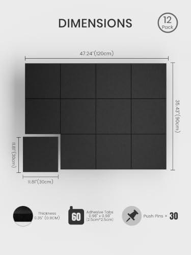 Bumusty 48"x 36" Large Felt Bulletin Board Tiles, Black