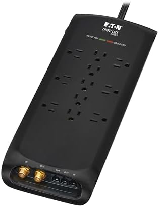 Eaton Tripp Lite Series Surge Protector Power Strip with Flat Plug Braided Extension Cord + Coax, Phone/Modem Protection, 4200 Joules, 8ft Cable, Manufacturer's (TLP118DBTELTV)