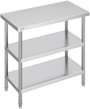 VEVOR Stainless Steel Food Prep Table, 18 x 36 x 34 Inch Commercial Kitchen Worktable, with 2 Adjustable Undershelf, Heavy Duty Prep Metal Work Table for BBQ, Kitchen, Home, and Garage