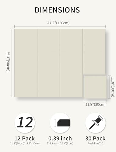 48" x 36" Cork Board Alternative, 12 Pack Felt Bulletin Board Tiles with 30 Adhesive Tabs Wall Push Pin Board for Office Classroom Bedroom Decor