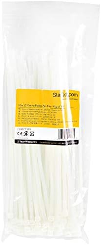StarTech.com 10"(25cm) Cable Ties - 1/8"(4mm) wide, 2-5/8"(68mm) Bundle Diameter, 50lb(22kg) Tensile Strength, Nylon Self Locking Zip Ties w/Curved Tip, 94V-2/UL Listed, 1000 Pack - White, TAA