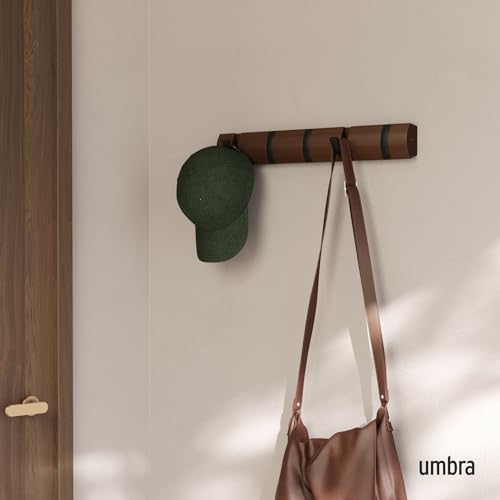 Umbra Flip Coat Rack, Wall Mounted 5-Hook Space Saving, Walnut/Black