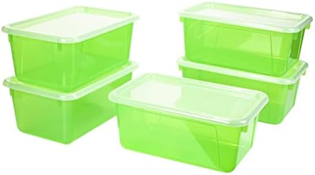 Storex Small Cubby Bins – Plastic Storage Containers for Classroom with Non-Snap Lid, 12.2 x 7.8 x 5.1 inches, Tint Green, 5-Pack (62483A05C)