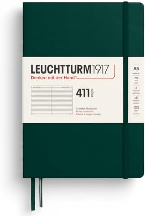 LEUCHTTURM1917 372929 Notebook 411 Medium (A5), Hardcover, 411 Numbered Pages, Forest Green, Lined, More Thoughts, More Ideas, More Memories, More Pages
