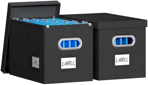 FHSQX 2Pack File Box with Lid, Black, 14 x 9.3 x 10.9 in | File Organizer Box, Portable Hanging File Box, Decorative Filing Storage Boxes, For Office & Home File Cabinet