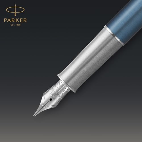 PARKER Sonnet Fountain Pen Premium Metal and Blue Satin Finish with Chrome Trim Fine 18k Gold Nib with Black Ink Cartridge Gift Box
