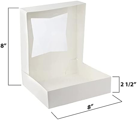 MT Products White Cookie Boxes - Size of 8" X 8" X 2.5" - (25 Pieces) Auto Pop-Up Bakery Boxes with Window - Made in the USA