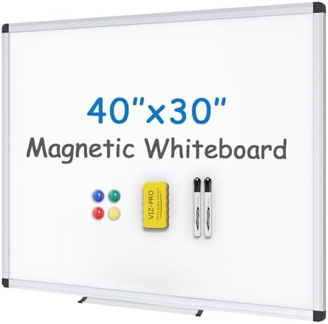 VIZ-PRO Magnetic Whiteboard, 40 x 30 Inches, Dry Erase Board for Wall