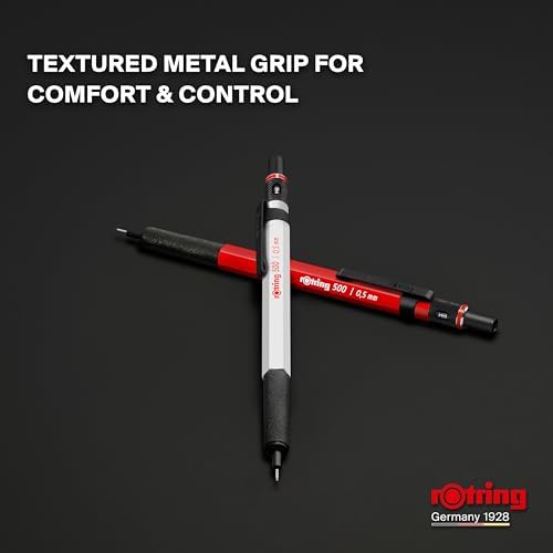 Rotring 500 Mechanical Pencil, Red and White Hexagonal Plastic Barrel and Non-Slip Textured Metal Grip, 0.5mm, HB Lead, 1 Count