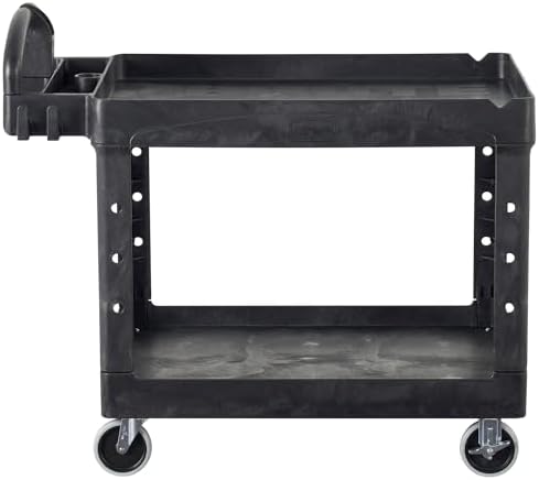Rubbermaid Commercial Products 2-Shelf Utility/Service Cart, Medium, Black, Lipped Shelves, Ergonomic Handle, 500 Lbs Capacity, forfor Warehouse/Garage/Cleaning/Manufacturing