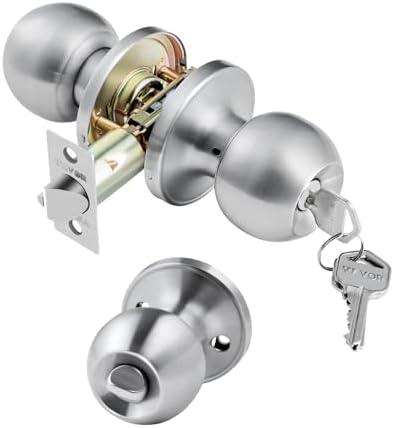 VEVOR Keyed Entry Door Knob, Satin Nickel Door Knob with Round Ball, Keyed Exterior & Thumb Turn Lock Interior, All Metal Doorknobs Hardware with Lock and Keys, Modern Design for Bedroom & Bathroom