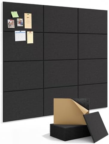 Kuchoow Large Felt Bulletin Cork Board Self-Adhesive Black Pin Wall Tiles, 48'' x 36'' Rectangular Vision Tack Panels for Classroom Office Display 12 Pack Corkboard for Kitchen Bedroom Home Decor