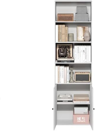 Furinno Jensen 6-Tier Farmhouse Style Book Shelf with Doors, Plain White