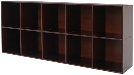 10 Cube Storage Organizer - Pine Wood Bookshelf - Cube Shelf - Vertical or Horizontal Bookcase - Open Book Shelf - Easy Assembly for Bedroom, Living Room, Office - Brown