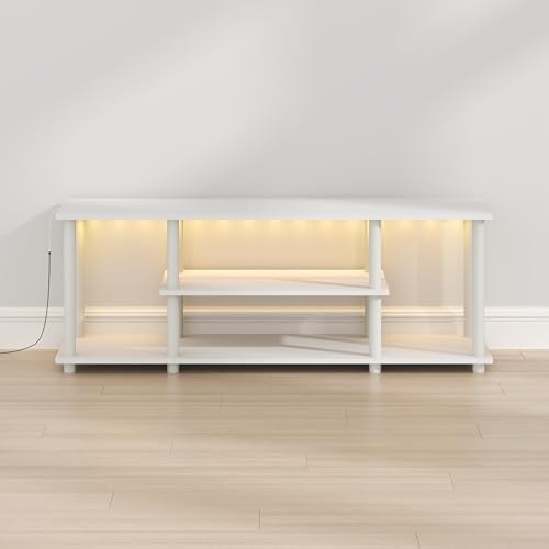 Furinno Turn-N-Tube 3-Tier No Tools TV Stand with LED Lights, White | for TV up to 50 Inch, Open Frame Entertainment Center, TV Console for Living Room, Bedroom