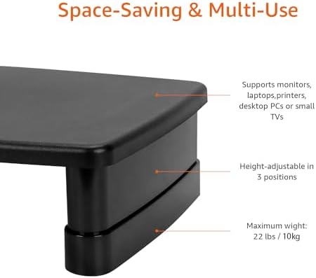 Amazon Basics Height Adjustable Monitor Stand Riser with Storage Organizer, 3-Level Stackable Design, Durable ABS Plastic, Supports up to 22lbs, for Monitors & Laptops, Black