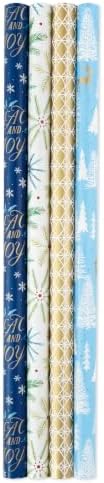 Hallmark Holiday Wrapping Paper Bundle with Cut Lines on Reverse, Elegant Woodland (Pack of 4, 120 sq. ft. TTL) Peace and Joy, Deer, Pinecones, Snowflakes, Blue, Gold