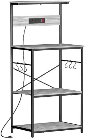 VUSIGN Kitchen Bakers Rack with Power Outlet, 4 Tiers Microwave Stand with Storage, 23.6 Inch Coffee Bar Station with 6 S Hooks, Adjustable Shelf Rack for Pots/Pans/Spices, Gray