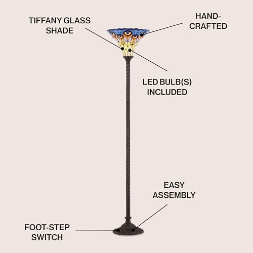 JONATHAN Y Peacock Tiffany-Style Stained Glass Torchiere Lamp 70", Bronze
