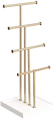 Amazon Basics Four-Tier Jewelry Organizer Tree Stand, Necklace Earring Bracelet Holder with Ring Storage, White/Brass