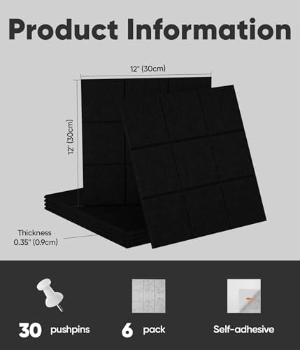 Large Cork Board for Walls 36" x 24", 6 Pack Felt Wall Tiles with Push Pins for Office Home, Pin Board Bulletin Board for Photo Pictures, Black