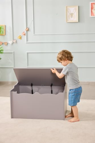 Amazon Basics Kids Wooden Toy Storage Chest with Safety Lid, Spacious Organizer for Bedroom, Gray, 30" x 18" x 19"
