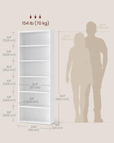 VASAGLE Bookshelf, 23.6 Inches Wide, 6-Tier Open Bookcase with Adjustable Storage Shelves, Floor Standing Unit, Cloud White ULBC166T14