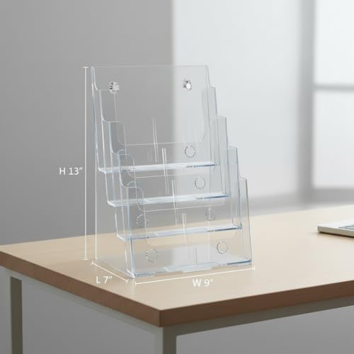 Azar Displays 252376-2PK Four Tier, Four Pocket Letter Brochure File Holder for Flyer, Office Supplies, Paper Document or Magazines, Clear Organizer for Wall and Counter Desktop Stand, 8.5" x 11" (2-Pack)