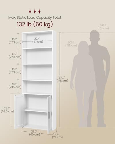 VASAGLE 6-Tier Bookshelf with Doors, 23.6 x 9.4 x 68.9 Inches