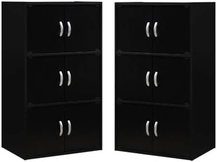Home Square 3 Shelf 6 Door Wooden Bookcase Set in Black (Set of 2)