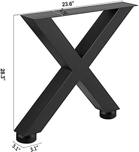 VEVOR Set of 2 Steel Table Legs, 28”Height 24”Wide Dining Table Legs,Heavy Duty 3.1" Square Box Section X Frame Table Legs,28x24x3.1 Inch Black Color Industrial Country Style Metal Dining Legs