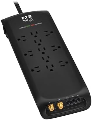 Eaton Tripp Lite Series Surge Protector Power Strip with Flat Plug Braided Extension Cord + Coax, Phone/Modem Protection, 4200 Joules, 8ft Cable, Manufacturer's (TLP118DBTELTV)