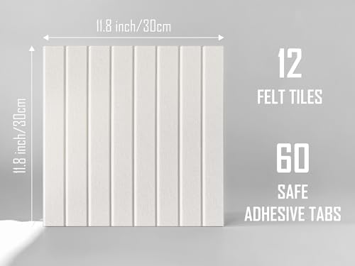 Slated Felt Bulletin Board Tiles | Cork Board Alternative for Walls | Wall Panels for Office & Home Decor | Aesthetic Pinboard & Photo Board | 12-Pack (11.8" x 11.8") with Adhesive | Warm White