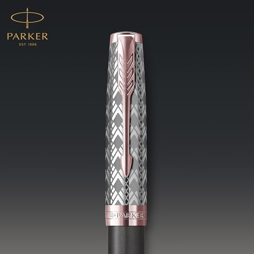PARKER Sonnet Fountain Pen | Premium Metal and Grey Satin Finish with Rose Gold Trim | Fine 18k Gold Nib with Black Ink Cartridge | Gift Box