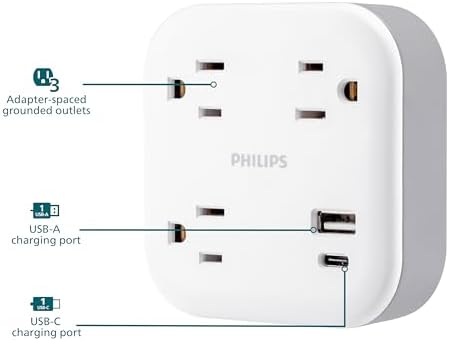 Philips EZFit 3-Outlet Surge Outlet Extender with USB, 1 USB-A, 1 USB-C