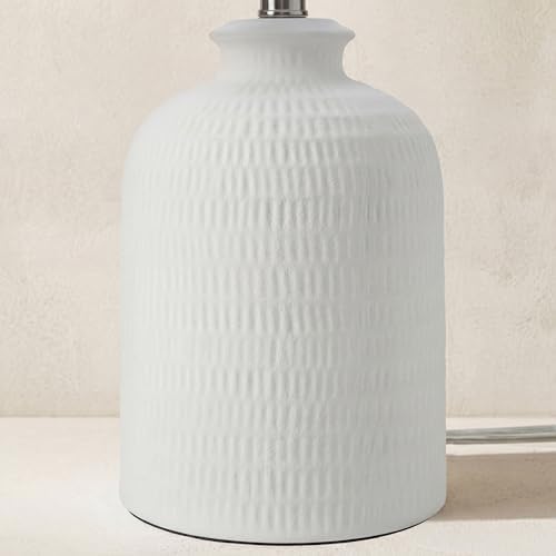 Nourison Home 24" White Textured Ceramic Table Lamp with Tan Linen Shade, Modern Accent Lamp, Bedside Lamp for Bedroom, Nightstand, Living Room
