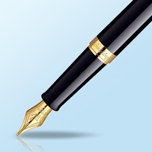 Waterman Hémisphère Fountain Pen Black with Gold Trim Medium Nib Blue Ink Gift Box