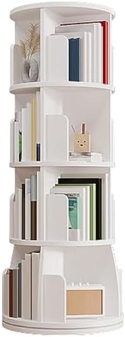 GAMAK Rotating Bookshelf Tower for Kids 360 Display 2-4 Tier Floor Standing Bookcase Revolving Bookcase Tower Small Corner Bookshelf for Small Space (Color : White, Size : Round_Four)