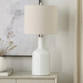 Nourison Home 22" White Glossy Ceramic Table Lamp with Oatmeal Linen Shade for Modern Farmhouse, Bedside Lamp, Living Room Lamp, Small Accent Lamp for Dining Room