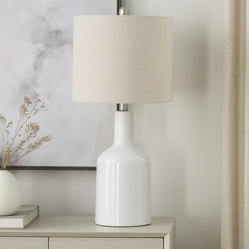 Nourison Home 22" White Glossy Ceramic Table Lamp with Oatmeal Linen Shade for Modern Farmhouse, Bedside Lamp, Living Room Lamp, Small Accent Lamp for Dining Room