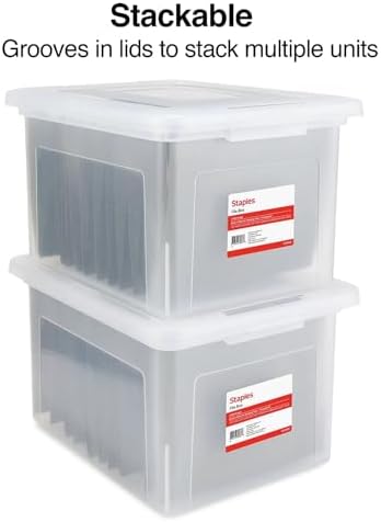 STAPLES Plastic File Box with Snap Lid, Letter/Legal Size, Clear, 2/Pack | Stackable storage box keeps hanging files organized and protected.