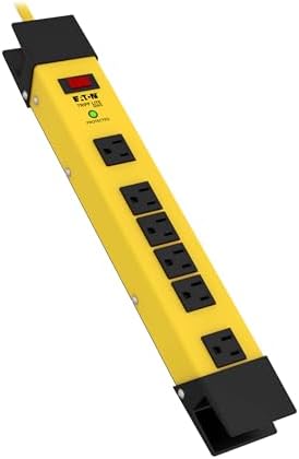 Tripp Lite Eaton TLM609SA Heavy Duty Power Strip with Surge Protection, 6 Outlets, 1500 Joules, Yellow Metal Housing, 9ft Cord, Keyhole Mounting Slots, Cord Wrap, Industrial Garage Work Shop Bench