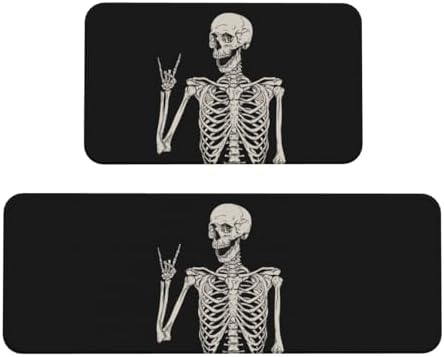 Skull Smile Kitchen Floor Mat Set of 2, Non Slip Rugs Absorbent Mats for Floor Countertop Office Home, Rock and Roll Indoor Outdoor Decor Doormat 17" x 29.5" + 17" x 47"