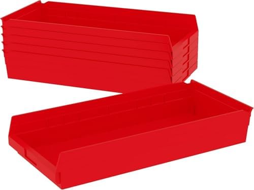 Akro-Mils 30174 Heavy Duty Plastic Shelf Bins, 24"x 11"x 4", Red, 6-Pk