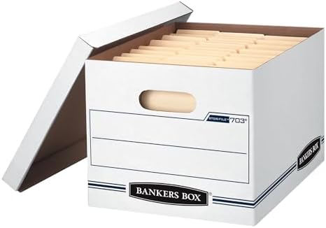 Bankers Box 12-Pack Basic-Duty File Storage Box with Lid, Letter/Legal | Tame everyday paperwork with affordable file boxes, lift-off lids, and reinforced handles for simple record storage.