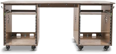 Sound Town DIY Music Studio Rack Desk Workstation with 2 X 13U Side Cabinets, Two Slide-Out Trays, Casters, Plywood, Weathered Brown for Recording Room, Home Studio (SDRK-WS69)